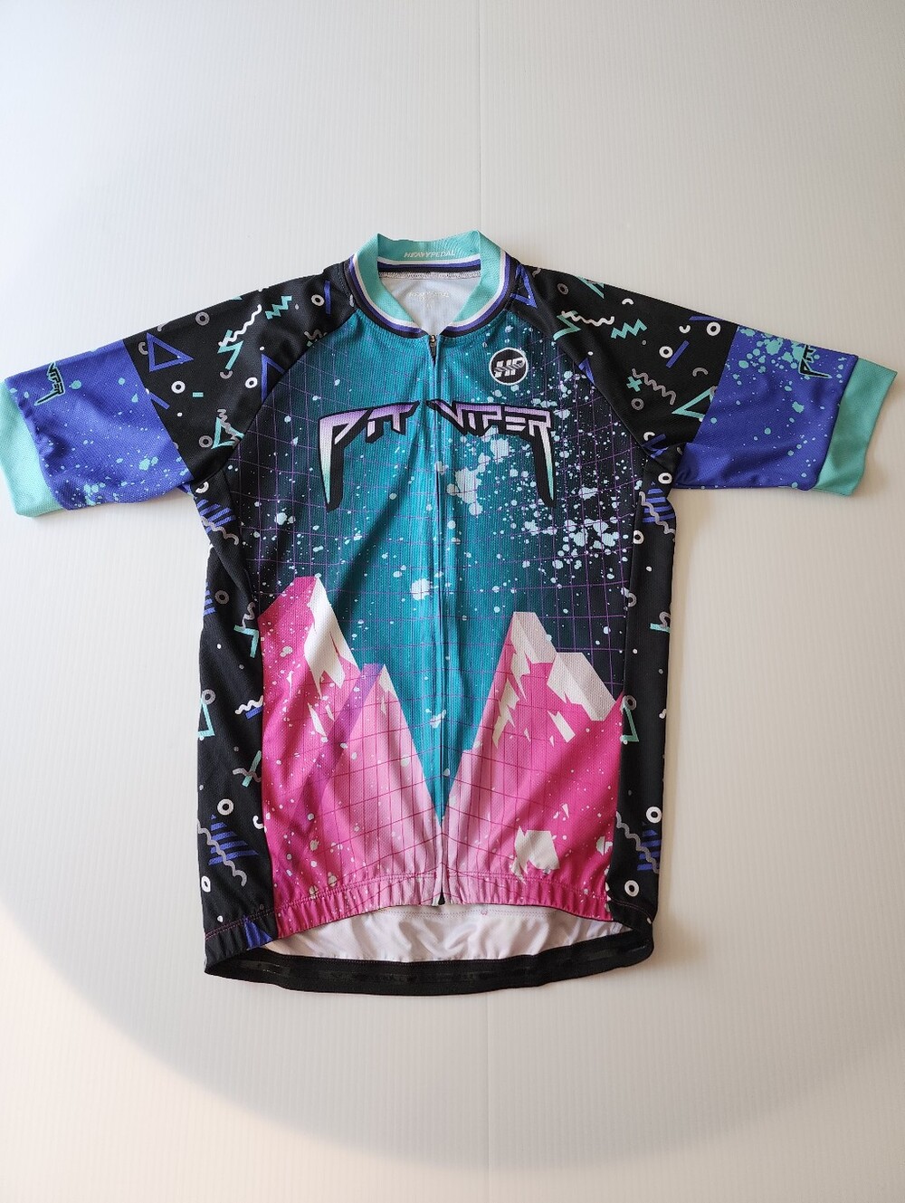 Pit Viper Men's Medium Teal, Pink & Purple Retro Graphic Cycling Jersey NWOT